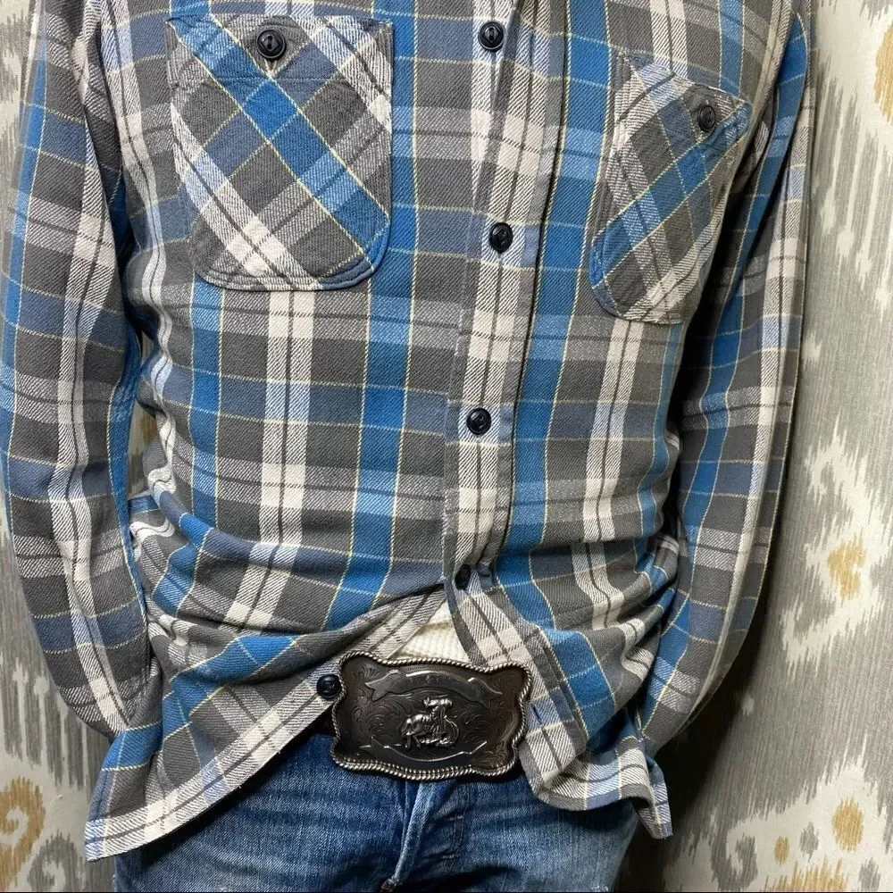 Polo Ralph Lauren Gray & Blue Plaid Cotton Flannel Button Up Shirt